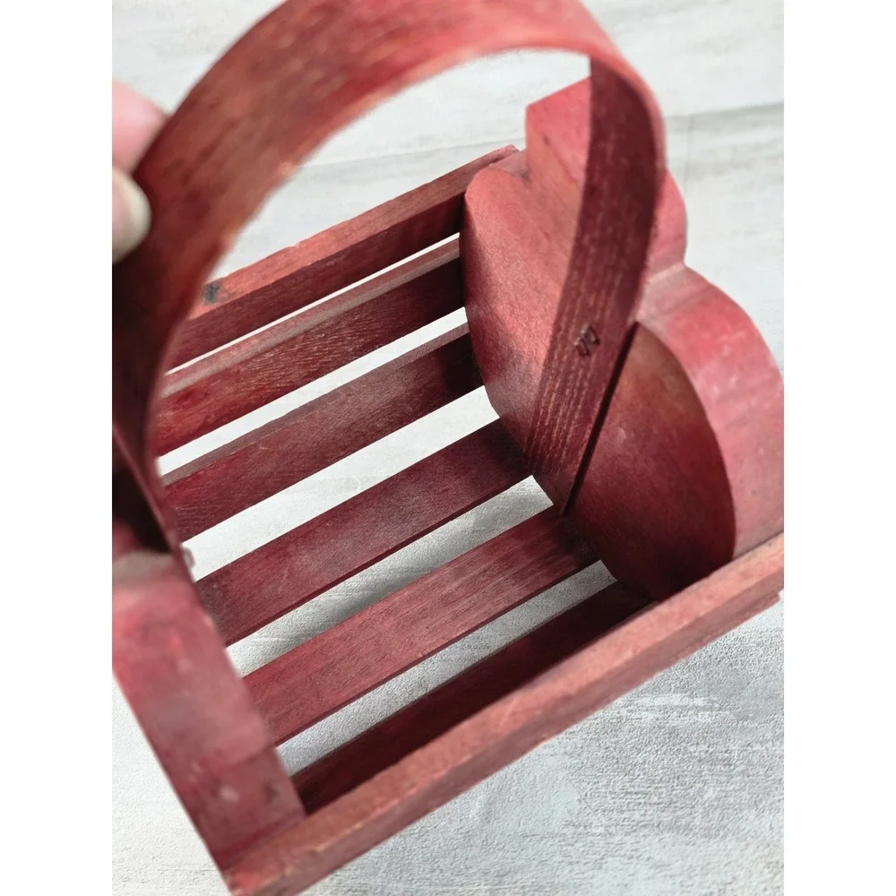 VTG hand-painted Red Wooden apple shaped basket carry handle Cottagecore Rustic